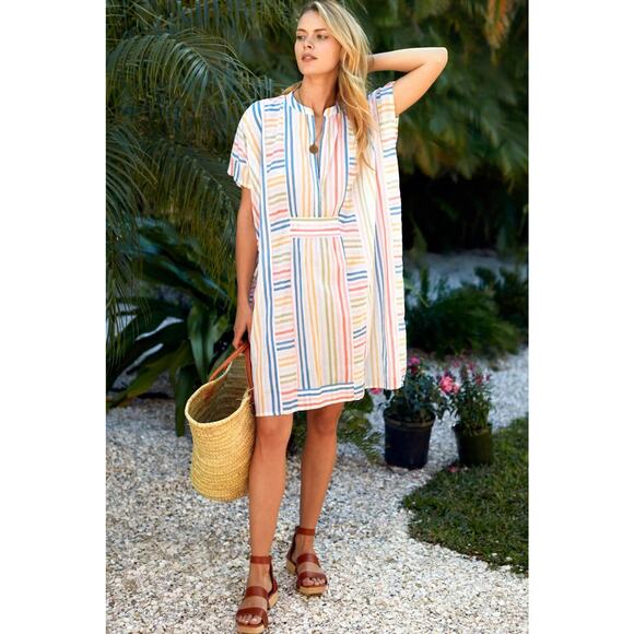 India Collection Emerson Fry Rainbow Stripe Organic Cotton Short Caftan One Size - Picture 1 of 8